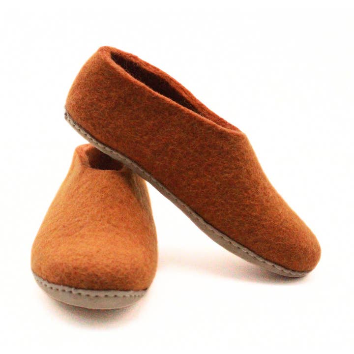 Handmade Golden Rust Wool Felted Slippers with Suede Sole for wholesale by Woollyfelt