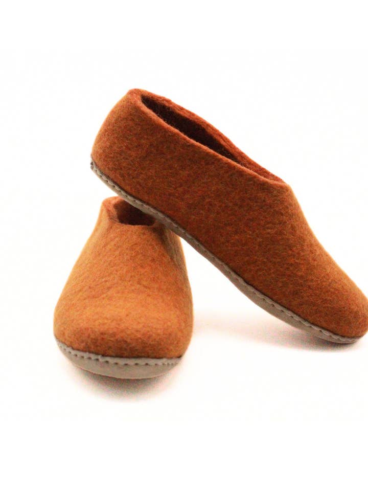 Handmade Golden Rust Wool Felted Slippers with Suede Sole for wholesale by Woollyfelt