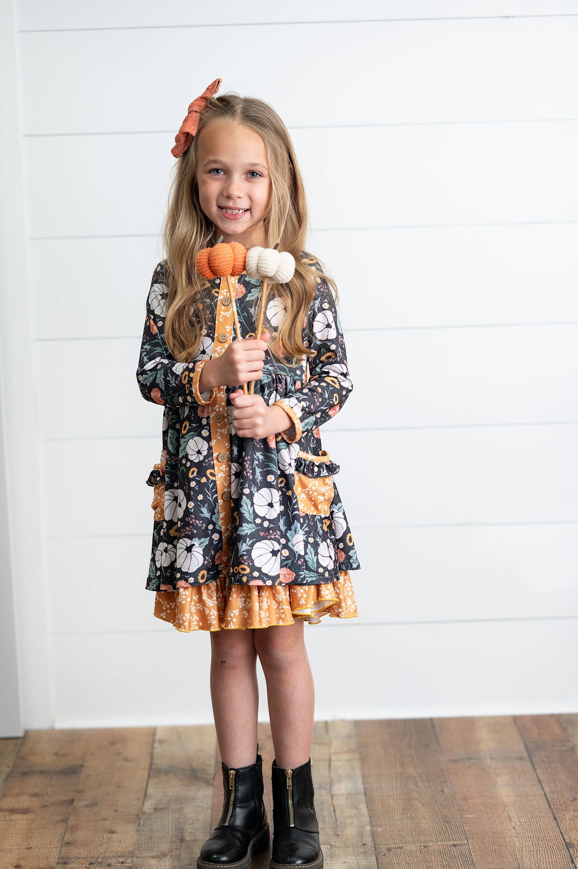 Oopsie Daisy - Wholesale Dress - Kids - Girls Mustard Pumpkin Ruffle Pocket Button Tie Fall Dress6