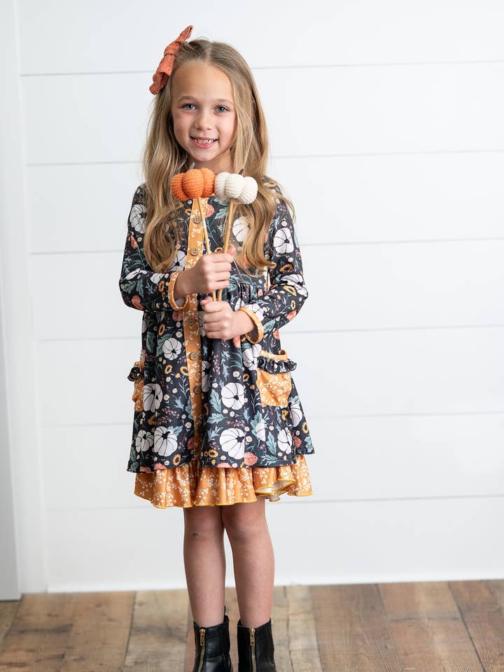 Oopsie Daisy - Wholesale Dress - Kids - Girls Mustard Pumpkin Ruffle Pocket Button Tie Fall Dress6