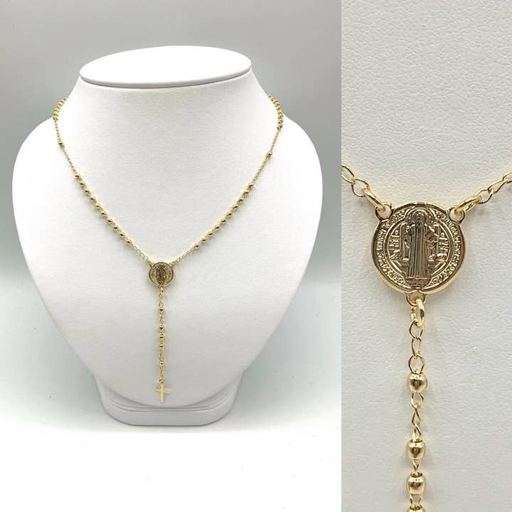 Guadalupe Gifts - Wholesale Pendant/charm necklace - Gold-Plated Saint Benedict Medal Rosary Necklace 16-inch1