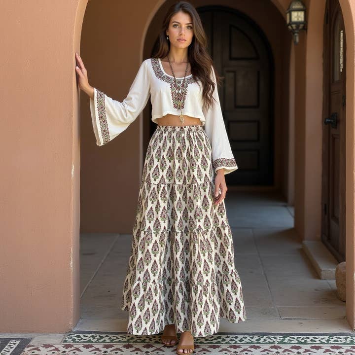 The Indian Bazaar - Wholesale Skirt - Women's - Tiered Skirt - Boho Gypsy Skirt - Mughal Buta Print1