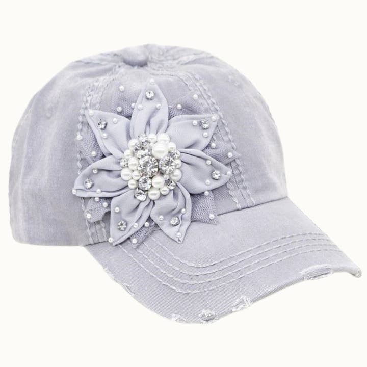 Olive & Pique - Wholesale Baseball Cap - Women's - Floral Bejeweled Bling Glitz Distressed Cap, Adjustable6