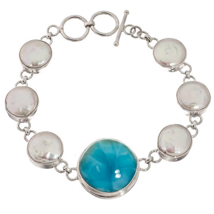 Pulsera de plata de ley 925 con larimar azul y perla de agua dulce blanca, 7-7.5". para venta al por mayor de FifiRose