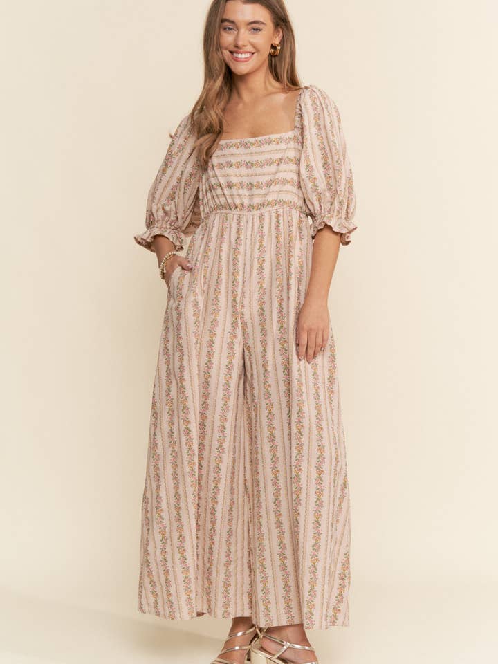 Vintage Floral Pink Stripe Flower Block Print Jumpsuit S-L for wholesale on Faire
