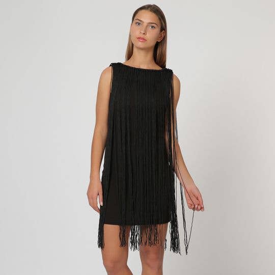 BanBat - Vente Robe – femme - Robe en mousseline noire avec détails en franges et fermeture éclair2