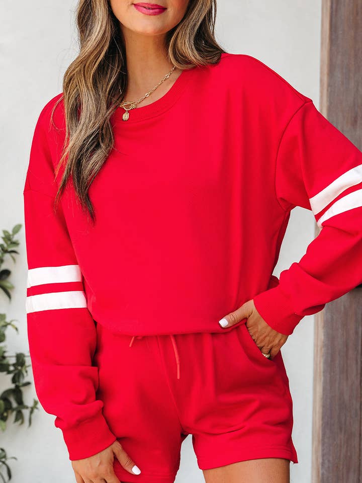 Varsity Stripe Drop Shoulder Sweatshirt and Shorts Set for wholesale by LALA LOO