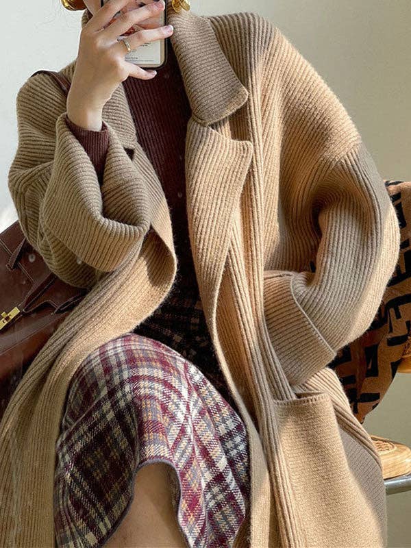 StyleGalX - Wholesale Cardigan - Women's - Long Sleeves Loose Pockets Solid Color Tied Waist Notched Collar Cardigan Coats1