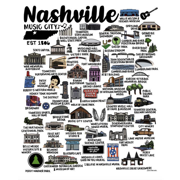 Nashville Map Print Color for wholesale by Whereabouts Shop