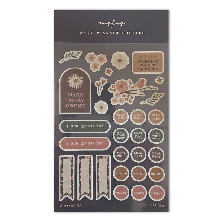 Birdy Floral Washi Planner Sticker Sheet for wholesale by Maylay Co.