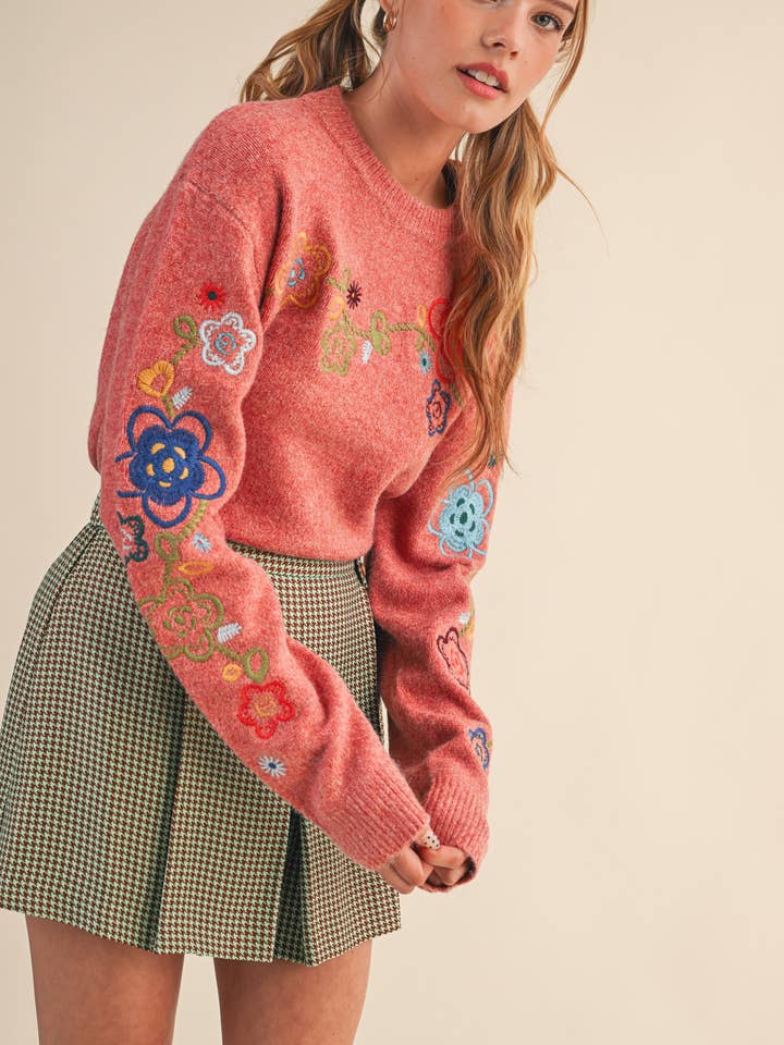 &MERCI - Wholesale Knit Sweater - Women's - FLORAL EMBROIDERY PULLOVER SWEATER MSW109634