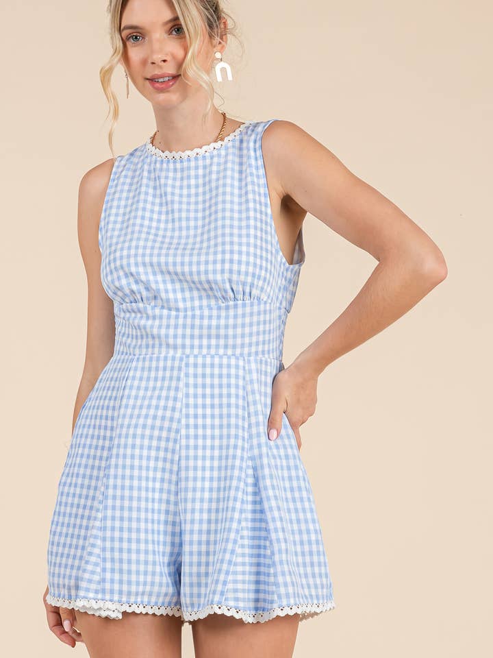 BABY PINK - Wholesale Romper - Women's - Gingham printed romper with lace trim detail