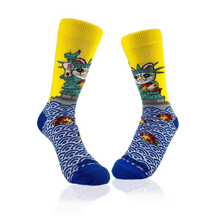 Cat Statue of Liberty Socks from the Sock Panda (Adult Small - Shoe Sizes 2-5) for wholesale by Sock Panda