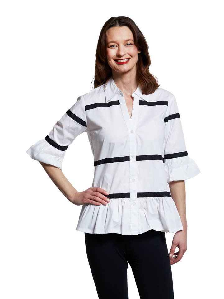 Dizzy-Lizzie - Wholesale Button Down Shirt - Women's - Lexington Peplum Top White With Ribbon Trim