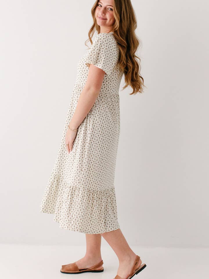 Ivory 'Shiloh' Ditsy Floral Ribbed Midi Dress for wholesale on Faire4