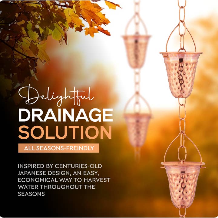 Marrgon - Wholesale Outdoor Ornament/Decor - Marrgon Copper Rain Chain with Hammered Bell Style Cups for Gutter1