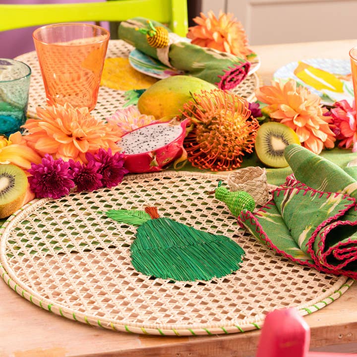 Green Pear Fruit Round Placemats Natural Straw Woven for wholesale by Washein