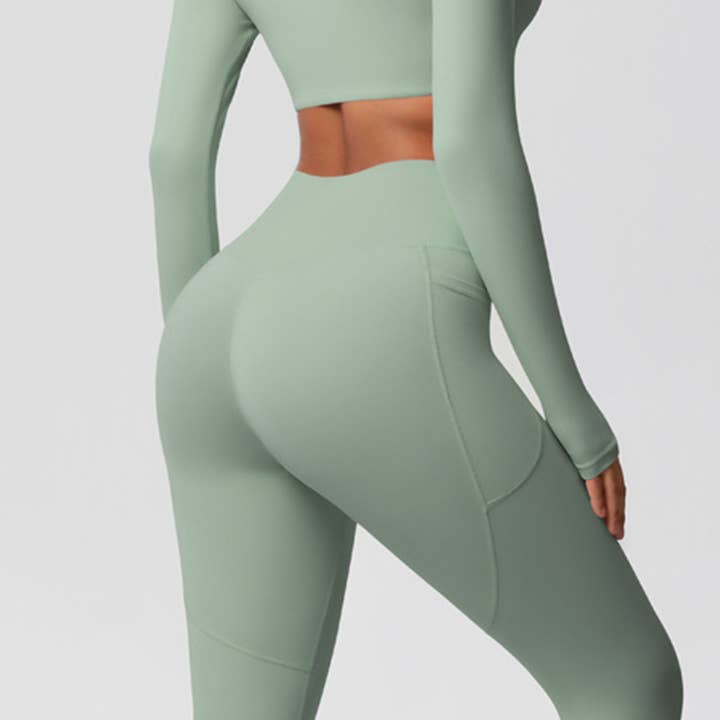 Sodalemon - Wholesale Activewear Set - Women's - Women High-Waist Yoga Set:Cropped Long Sleeve Top + Leggings18