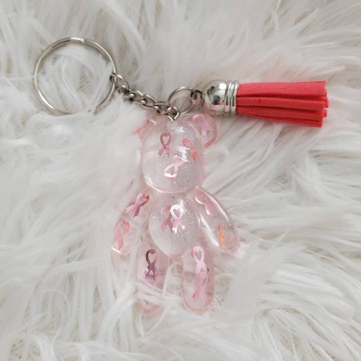 Breast Cancer Awareness Resin Bear Keychain for wholesale by Tots And Tumblers Art