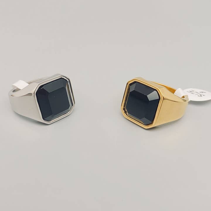 Mio Queena - Wholesale Signet Ring - Black Agate Stone Men's Titanium Steel Ring - MJ/MR
