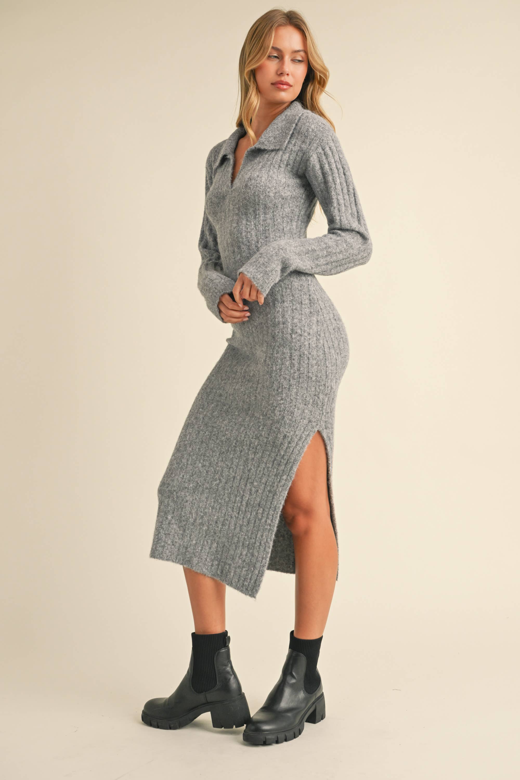 Klesis - Wholesale Dress - Women's - ID8811 COLLAR SWEATER MIDI DRESS WITH LONG SLEEVES4