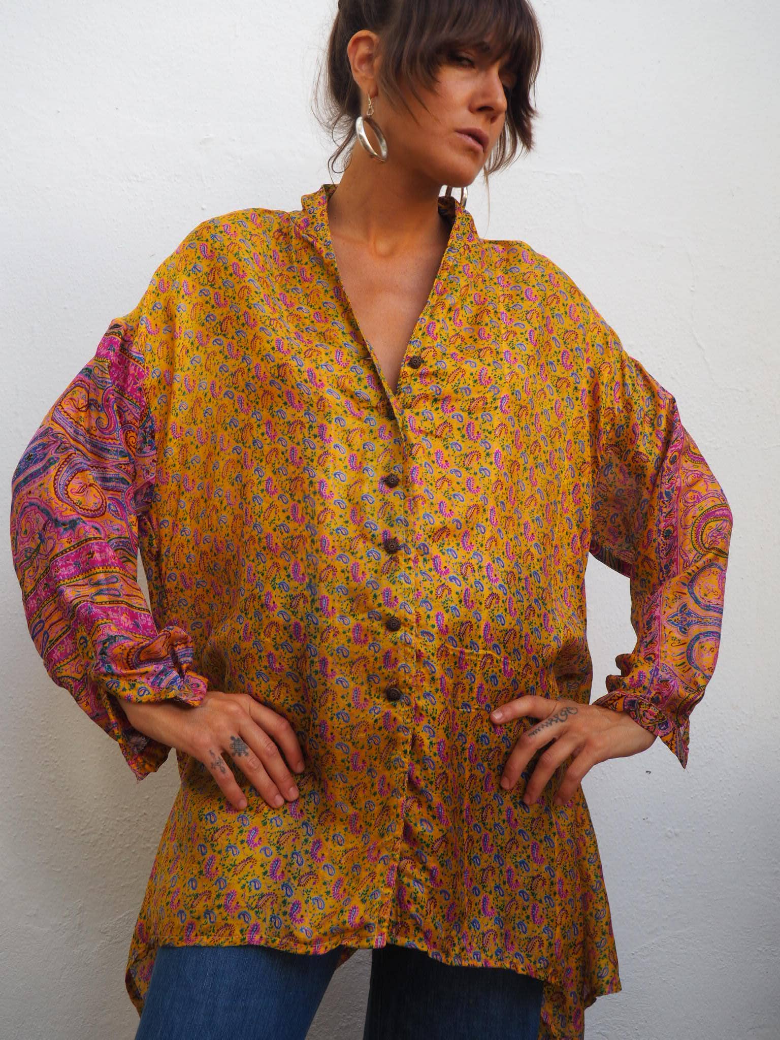 Vagabond Ibiza - Wholesale Button Down Shirt - Women's - The Lucy Long Floaty Shirt Re-cycled sari fabric2