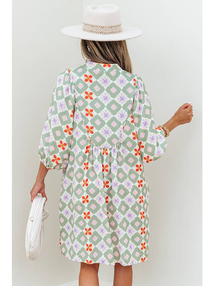 As shown Geometric Floral Print Notched Neck Mini Dress | S-XL for wholesale on Faire