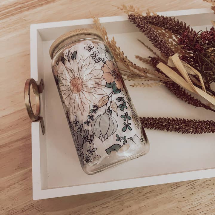 Emma K Designs - Wholesale Drinking Glass/Cup - Fall Floral 16 oz Glass Cup with Bamboo Lid2