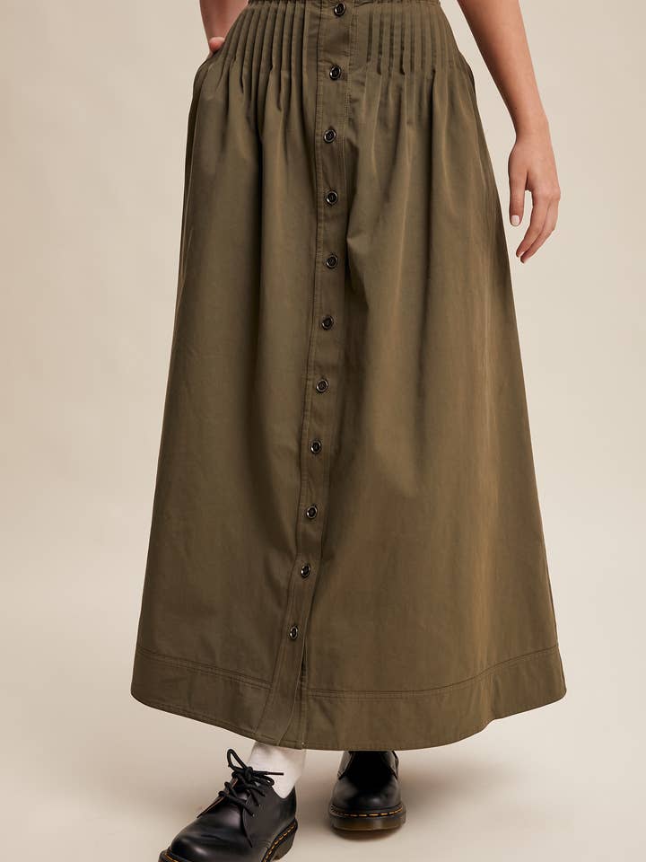Button Front Pleated Waist Maxi Skirt LSK0274 for wholesale by Listicle