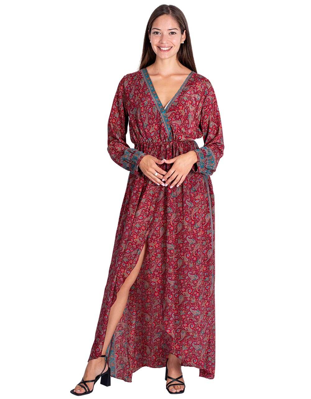 Kimago Look - Vente Robe – femme - Robe longue style bohème en soie bordeaux à imprimé cachemire avec fente1