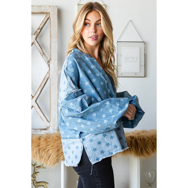 WASHED STAR PRINTED BALLOON SLEEVE DENIM TOP for wholesale on Faire