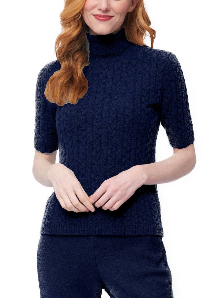 Lea Short Sleeved Cable-Knit Turtleneck, Thunder Navy for wholesale by Biana