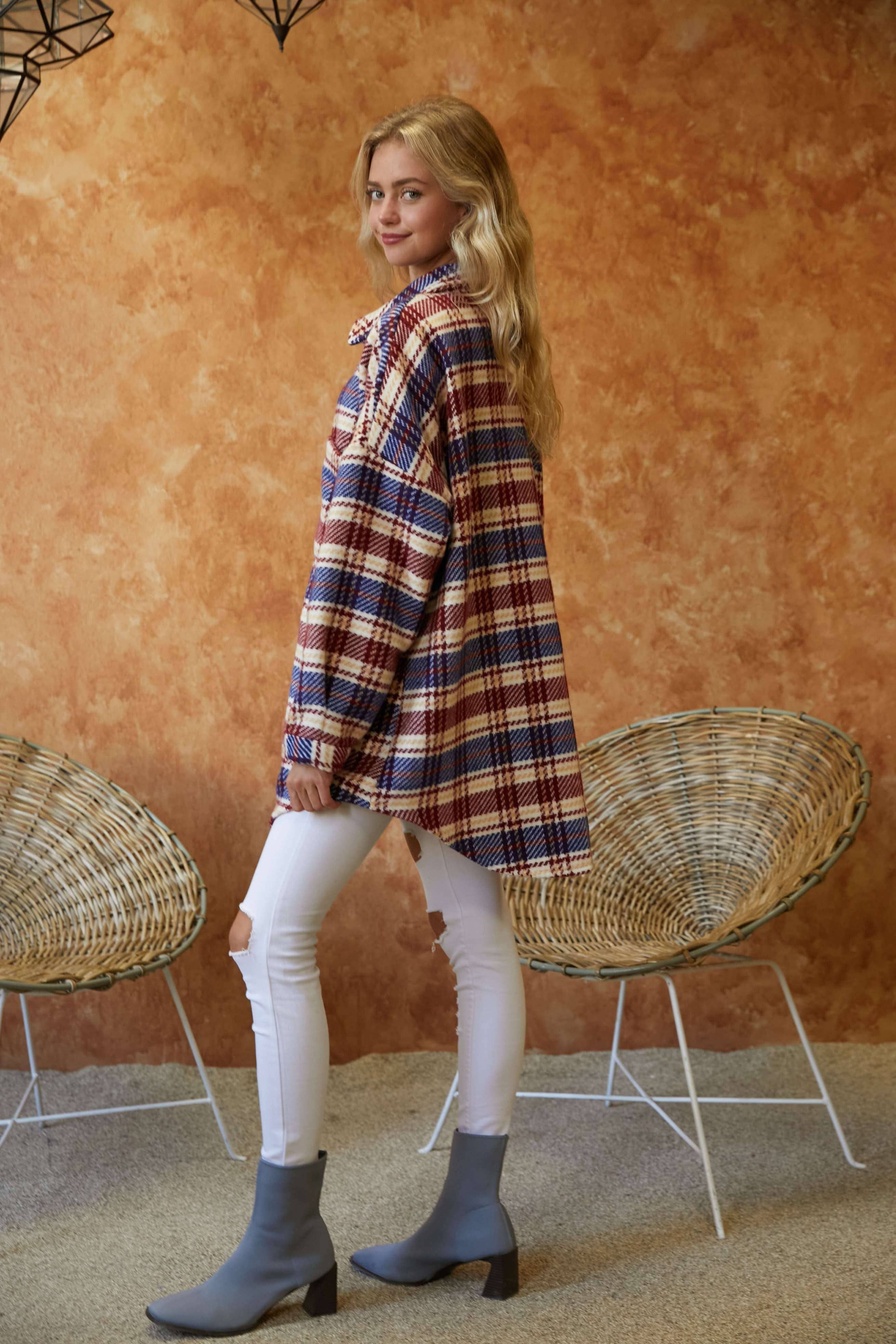 Davi & Dani - Vente Veste-chemise – femme - PLUS VESTE BOUTONNÉE À CARREAUX AVEC POCHE POITRINE15