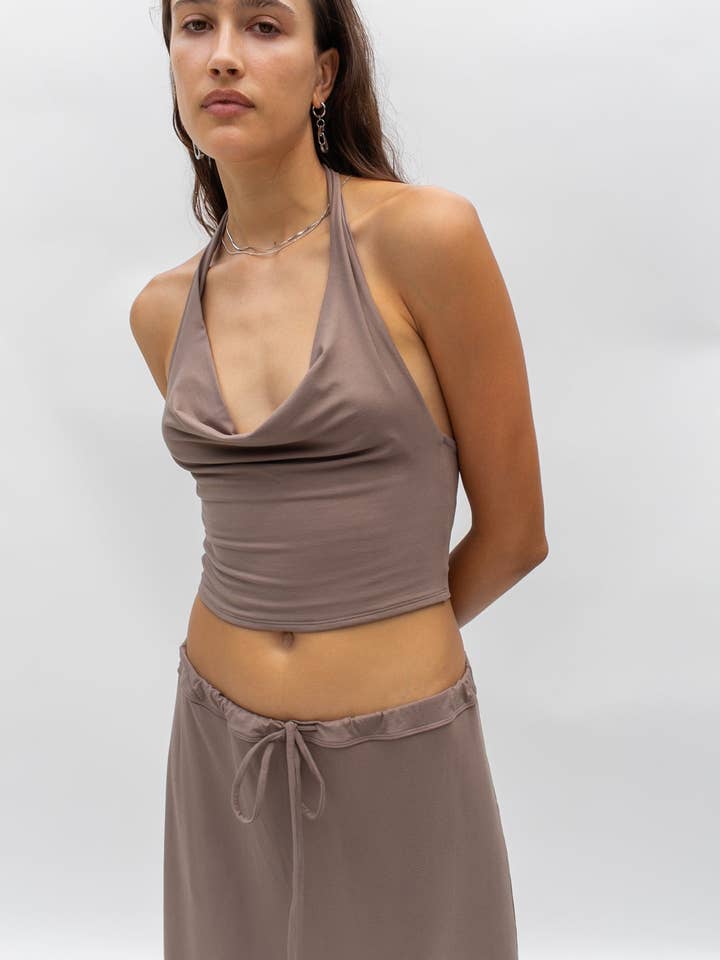 Zoey Top Halter Neck Cropped Knit Top Sable Viscose Spandex for wholesale on Faire