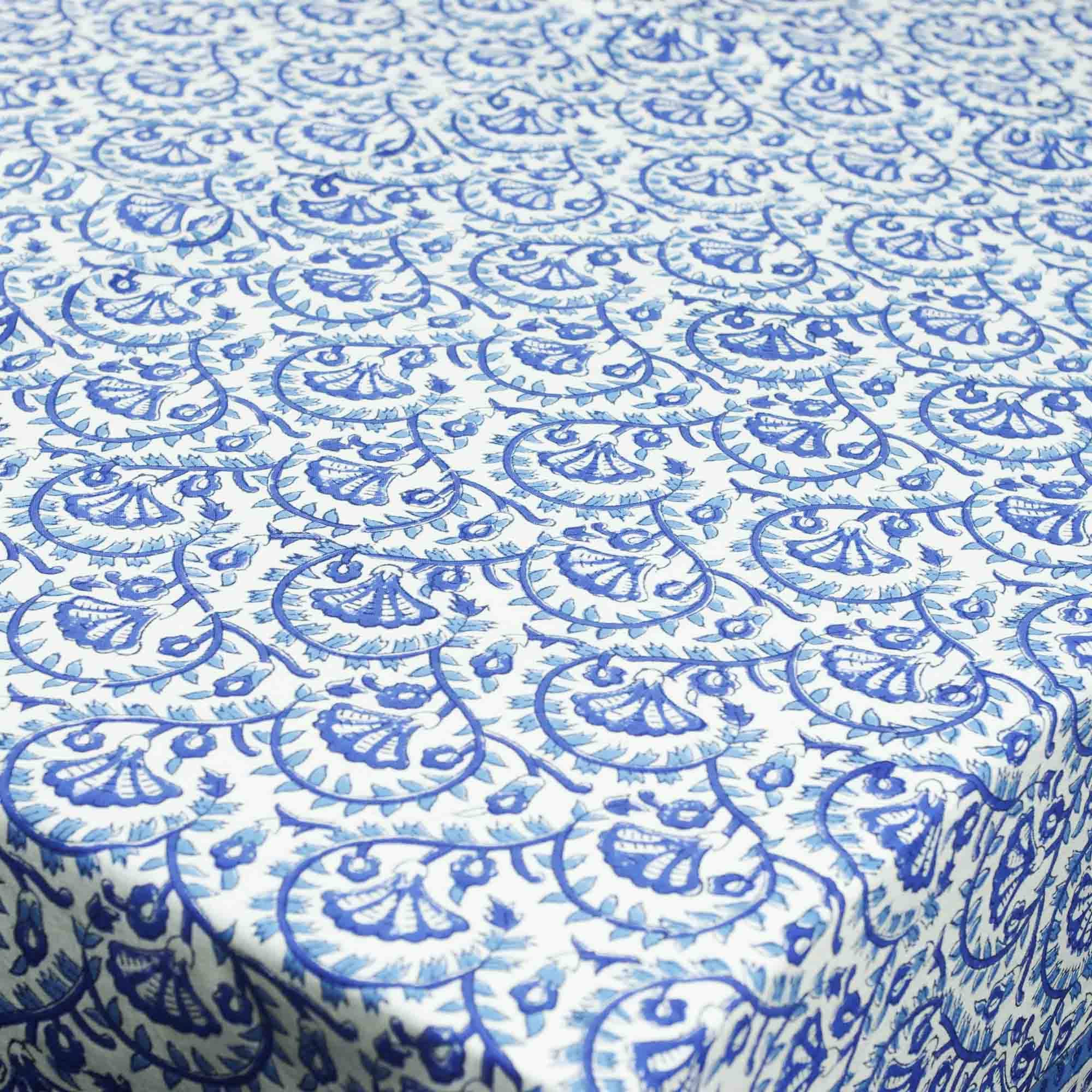 Kantha Decor – wholesale Tablecloth – 6 Seater Block Printed Rectangular Tablecloth - Blue Floral4