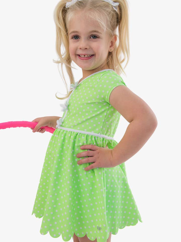 Girls Neon Honeydew Polka Dot Active Short Sleeve Bow Dress & Bike Short Set
for wholesale by RuffleButts + RuggedButts