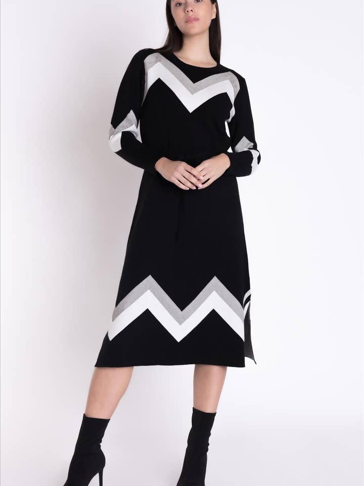 MIDI KJOLE I ZIGZAG VISKOSESTRIK MED BÆLTE B2B for engroshandel hos CMS Love