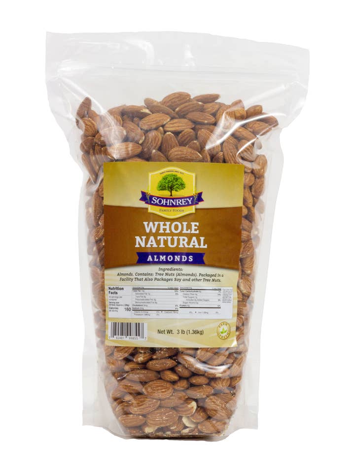 Whole Natural Almonds 3 lb for wholesale by Sohnrey Family Foods LLC
