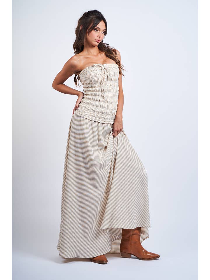 Sky to Moon - Wholesale Dress - Women's - PALE CHECKER SMOCKED BODY RUFFLE TUBE MAXI DRESS