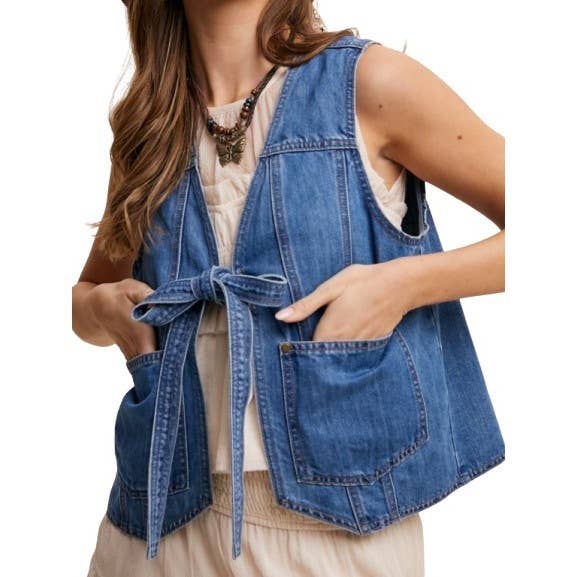 Gilet en denim sans effort avec nœud à l'avant et poches pour la vente par Blue Bunny Inc
