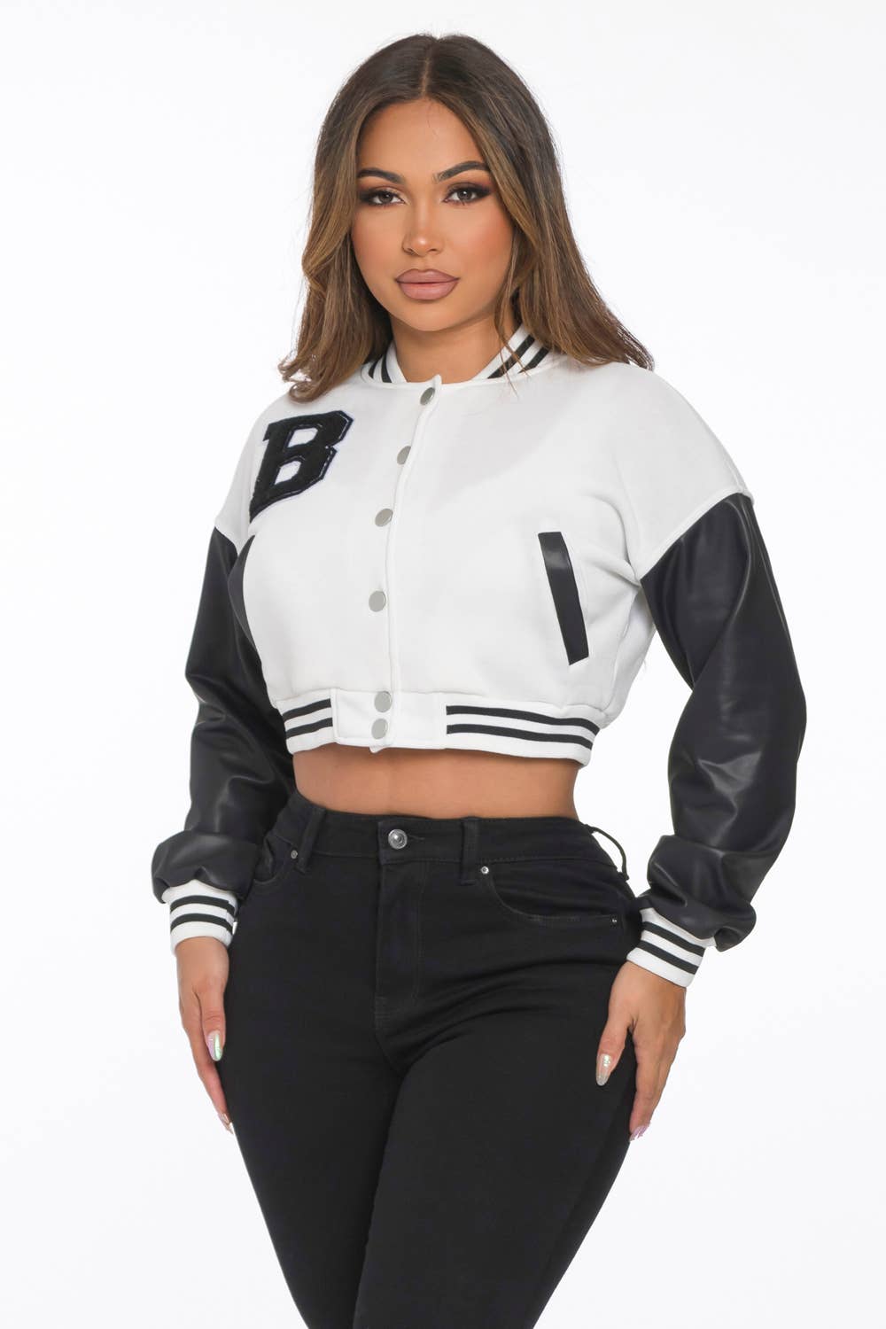 Lime All the Time - Wholesale Varsity/Baseball Jacket - Women's - B Logo Cropped Varsity Jacket22