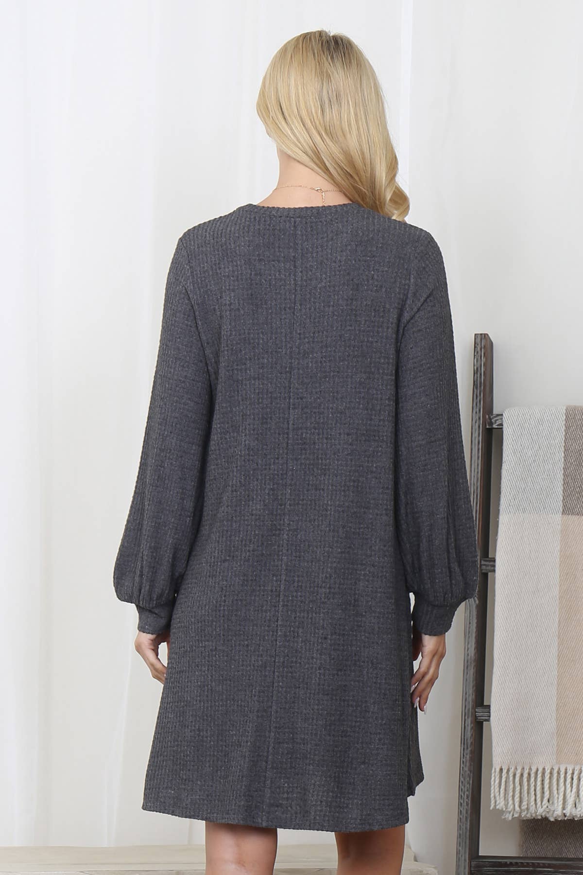 You & Me - Wholesale Dress - Women's - YMD10051V-BRUSHED WAFFLE BUBBLE SLEEVE POCKET DRESS47