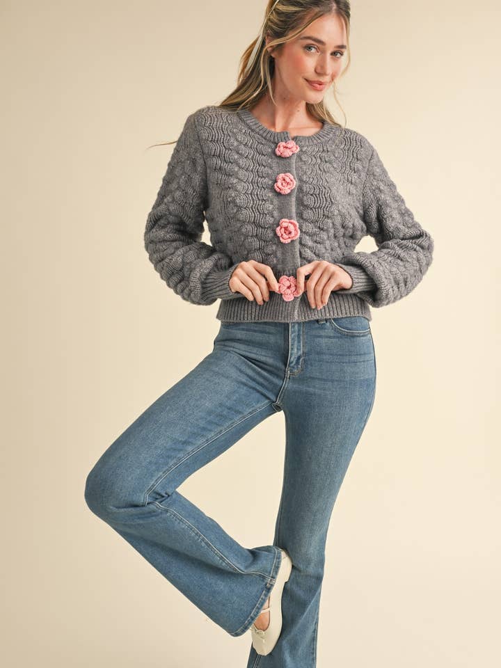 &MERCI - Wholesale Cardigan - Women's - TEXTURED SWEATER CARDIGAN WITH KNIT ROSETTE DETAIL MSW1073525
