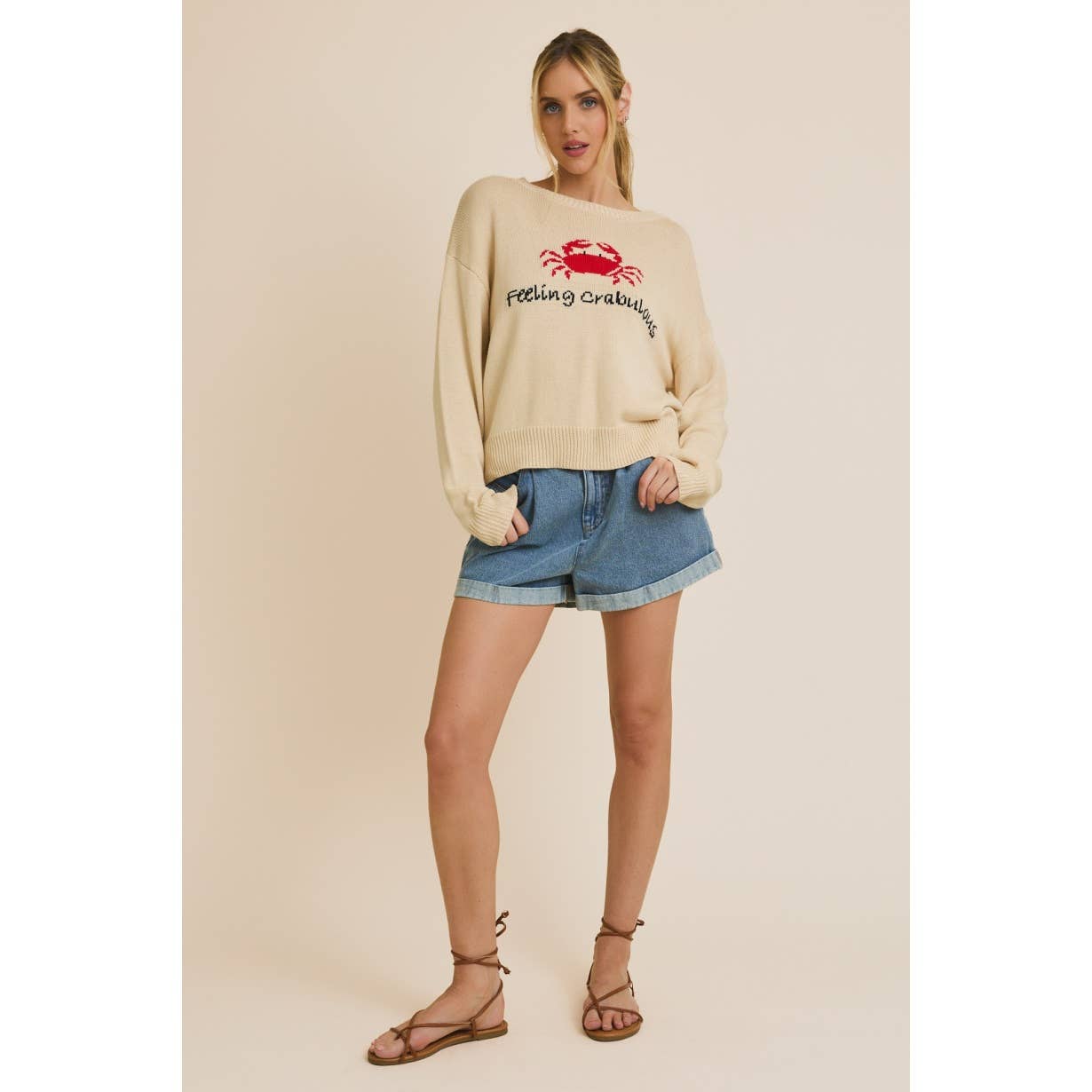 ELFENBEIN Gemütlicher Rundhals-Pullover mit Krabbenmotiv für den Großhandel auf Faire1