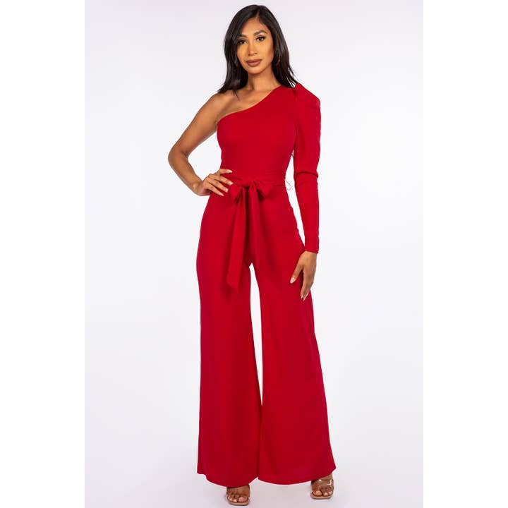 J7009 One Shoulder Belted Jumpsuit for wholesale by Uptown Apparel