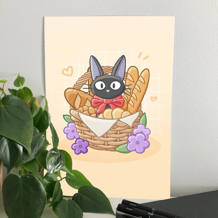 Sarah May Arts - Wholesale Art Print - Bakery Black Cat Print | Fine Line Anime Floral Art8