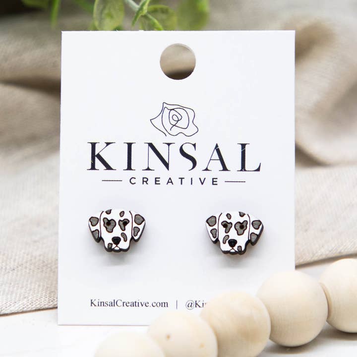 Dalmatian Dog Wood Stud Earrings for wholesale by Kinsal Creative