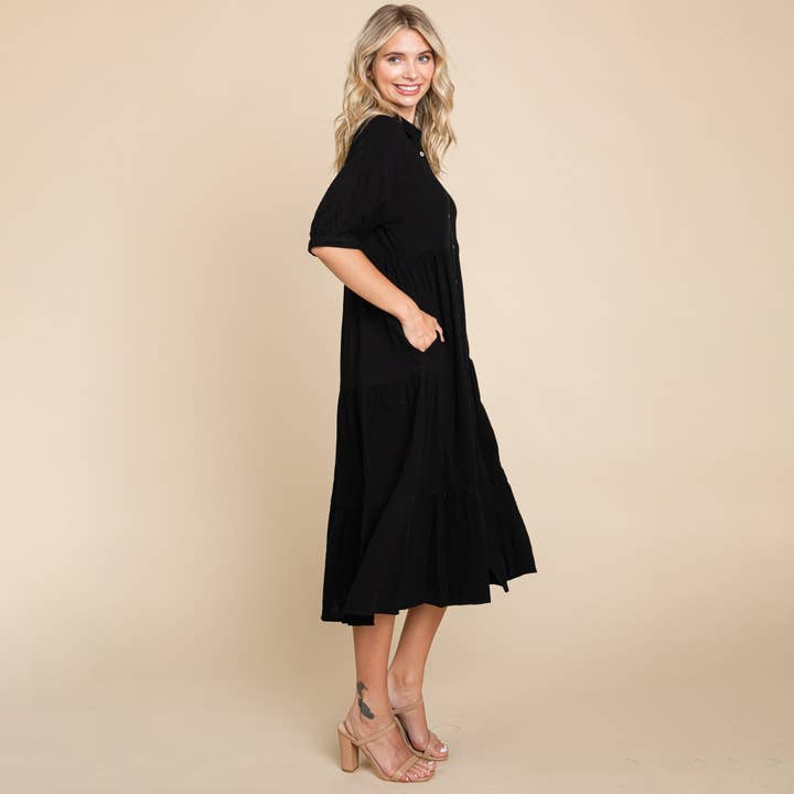 ROLYPOLY - Wholesale Dress - Women's - Tiered Double Gauze Cotton Midi Shirt Dress3