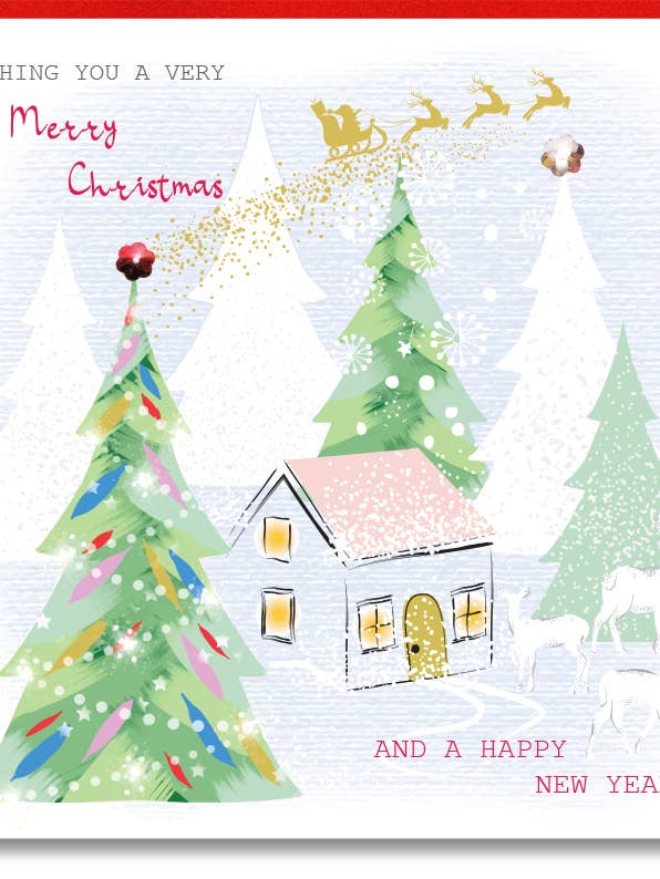 Mountain Hut & Santa Sleigh Christmas Print Wholesale Card for wholesale by SABIVO Design