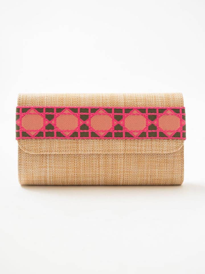 Pochette en paille Avery - Bande rose Shanghai - WS pour la vente par Lisi Lerch